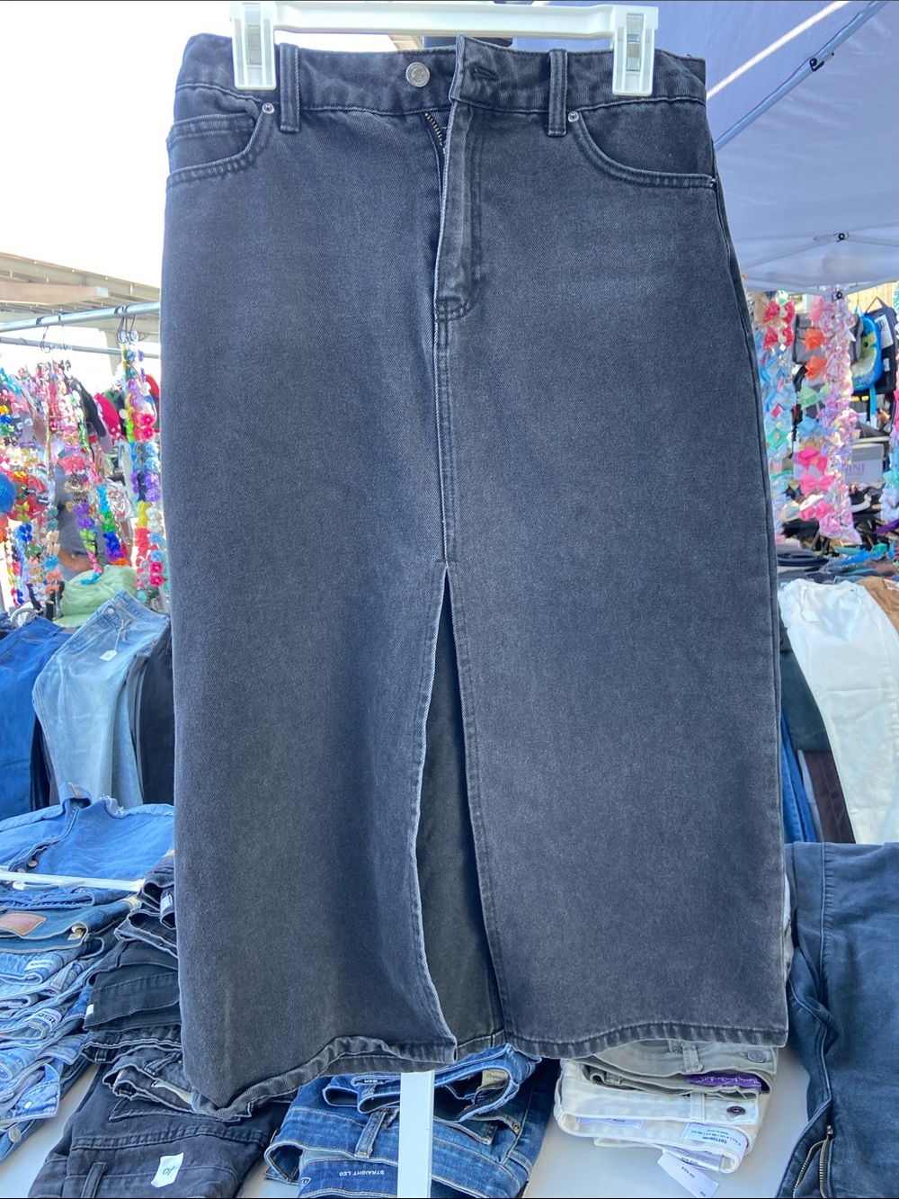 Forever 21 Washed Black Front-Slit Denim Midi Skirt